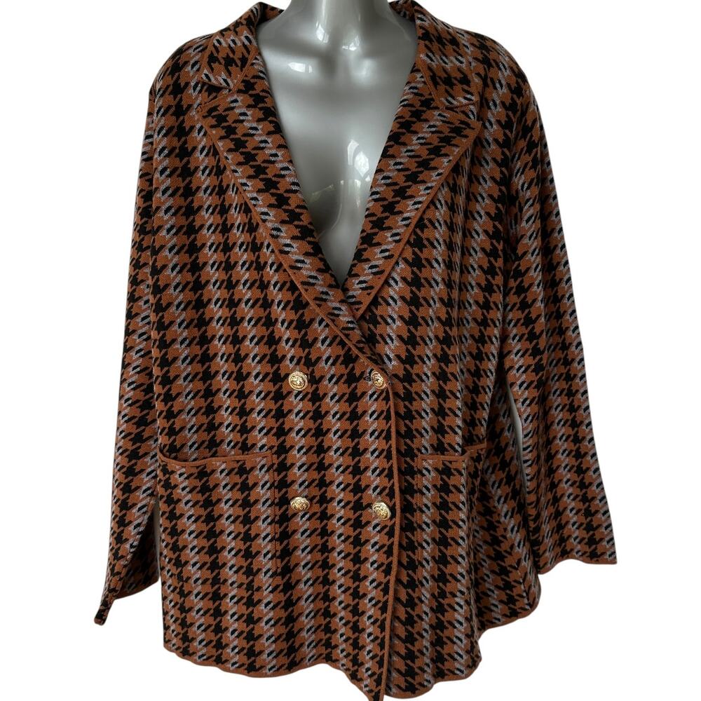 Joie Knit Blazer Brown Black Blue Houndstooth Preppy Jacket Women's Size XL